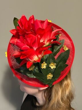 Brand New Red Fascinator Gold Accent Flowers Headband Handmade in USA